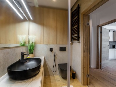 Po całym dniu pełnym atrakcji w Kudowie-Zdroju można odświeżyć się w takiej oto łazience w apartamencie Apartament Kolory Ziemi