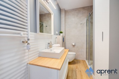 W apartamencie Apartamenty nad morzem PBA w Pobierowie można skorzystać z łazienki przedstawionej na zdjęciu