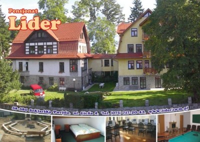 Budynek pensjonatu LIDER z Szklarskiej Poręby sfotografowany od strony zewnętrznej.